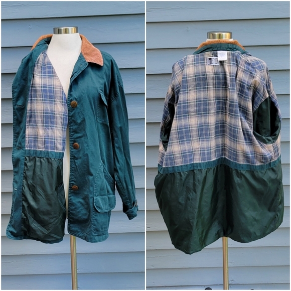 Vintage 90s y2k Outbrook Forest Green Plaid Lined Chore Work Farm Coat Jacket Lg - Picture 3 of 6